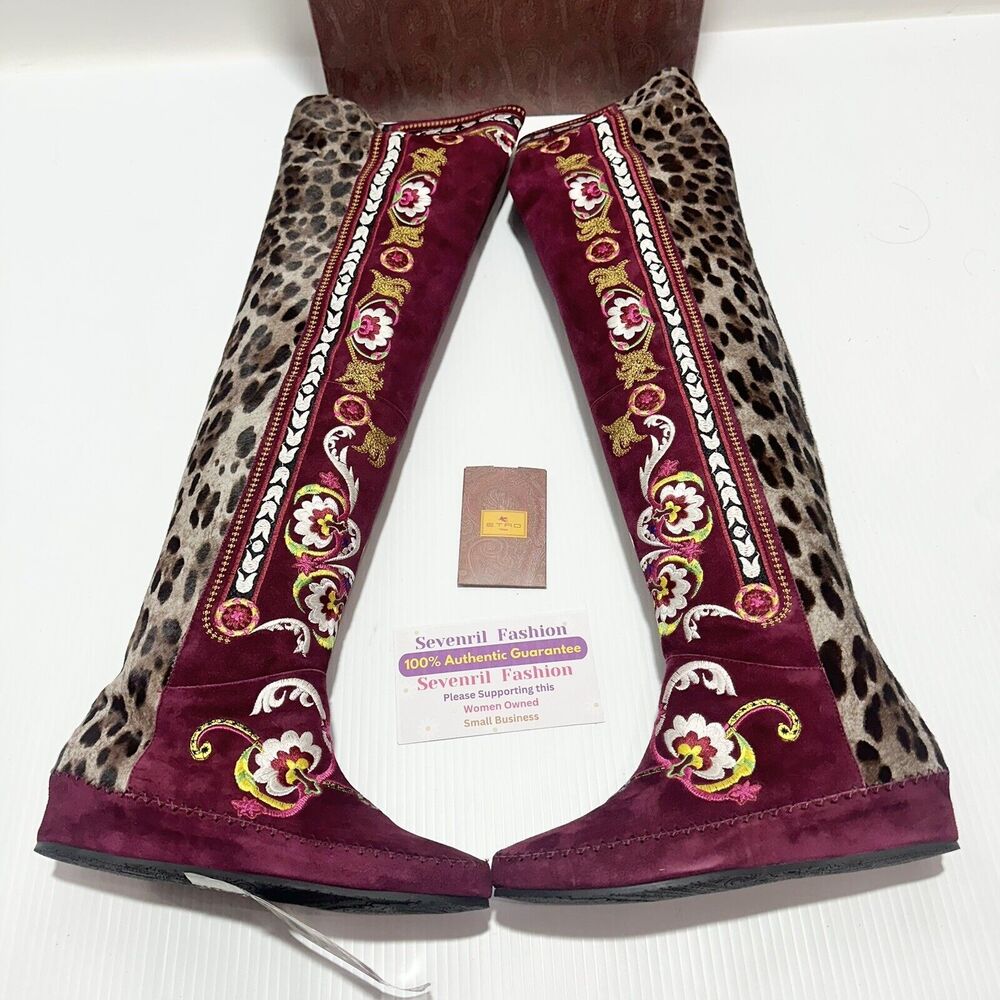 ETRO Women 7 Suede Embroidered Floral Art OTK Over The Knee Boots NIB $2,590